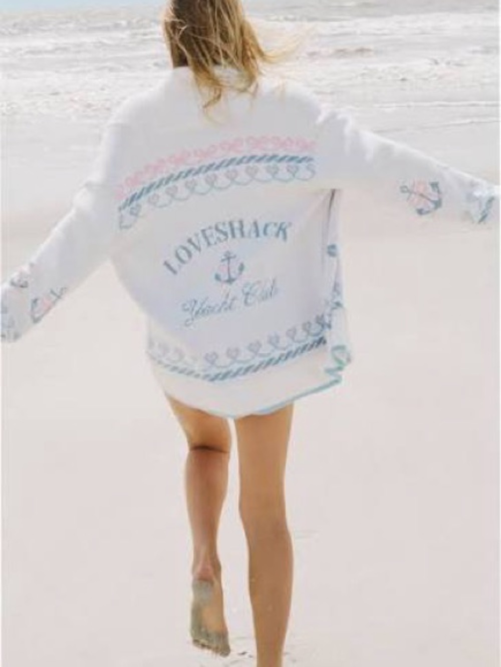 LoveShackFancy White Sweater with Pastel Blue & Pink Nautical Embroidery